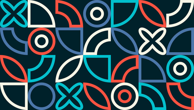 Bold geometric pattern of circles, arcs, petals and looped forms in cyan, coral, blue and cream on a dark background, creating a modern retro abstract design.