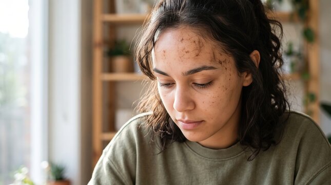 Dark spot face of a woman with hyperpigmentation on forehead