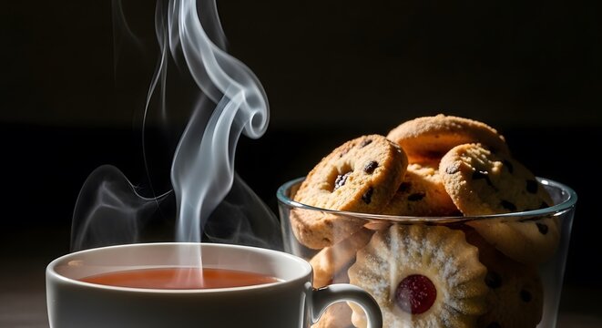 A warm cup of steaming black tea served with a glass bowl of delicious assorted cookies against a dark, moody background.