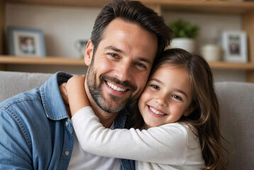 Obraz premium Loving Dad and Little Girl Embracing on Couch in Living Room
