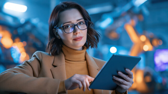 Woman engineer using tablet in smart factory, robotic automation, industrial monitoring, manufacturing data, operational dashboard