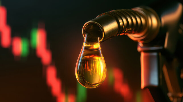 Oil nozzle oil drop stock market candlestick chart fuel market trading concept dark background metal nozzle
