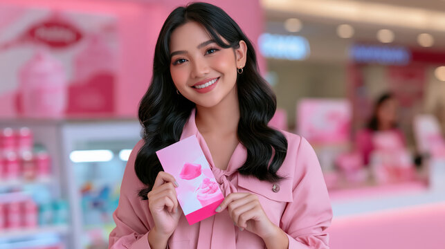 Smiling young woman holding pink brochure in mall kiosk with blurred pastry shop background