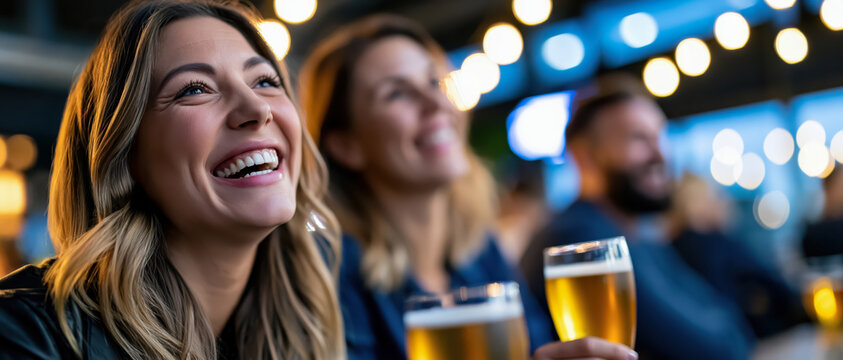Smiling woman holding beer in evening bar with friends and warm lights during relaxed social gathering