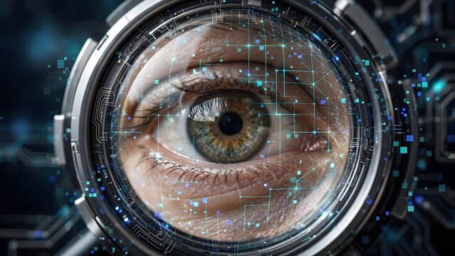 Human eye within a futuristic digital framework, symbolizing advanced biometric security, data analysis, and the pervasive influence of artificial intelligence