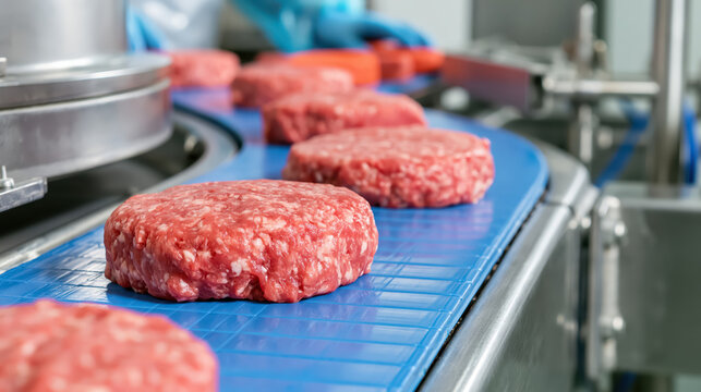 Meat patty on blue conveyor belt in sterile food plant with copy space