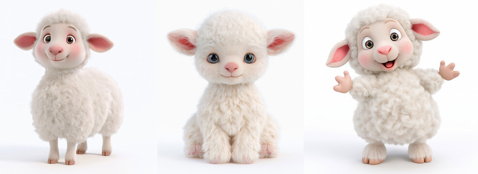 Lamb sheep cartoon character cute white furry animal isolated on white background, happy smiling lamb with fluffy wool