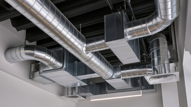 Modern ventilation system with polished metal duct pipes in industrial ceiling interior