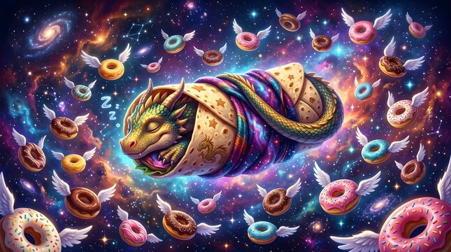 Dreamy Dragon Wrapped in Rainbow Serpent Moonlight in Cosmic Doughnut Sky