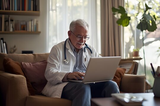 Senior doctor working on laptop at home, showcasing telemedicine, remote healthcare, digital medical consultation, modern healthcare technology, and home office lifestyle