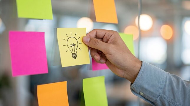 Creative concept of business idea and innovation with a hand sticking a lightbulb note on a transparent glass board.