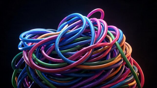 Tangled Colorful Cable Knot Symbolizing Stress, Complexity and Mental Pressure