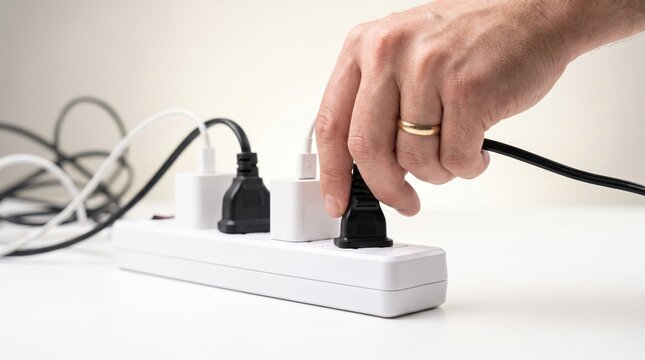 Close up of a man hand plugging a black electric cord into a white extension power strip.