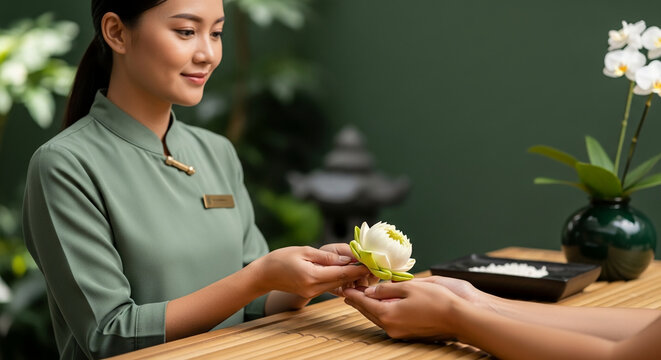 Professional Asian spa therapist in sage green uniform presenting a white lotus flower to a client at luxury wellness resort reception desk for massage.