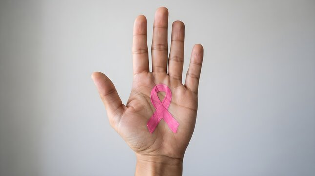 A close up of a human hand holding a pink ribbon symbol to show support during the annual breast cancer awareness month campaign
