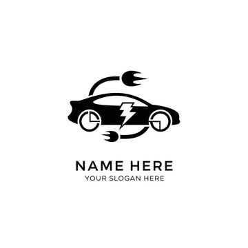 Electric Car Logo with Lightning Bolt and Charging Plugs, Isolated