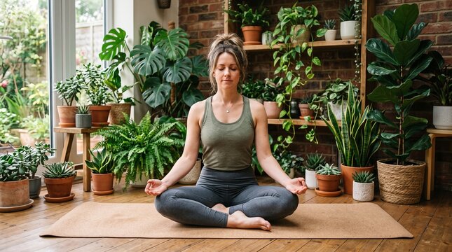 Woman meditating in a lush indoor jungle surrounded by houseplants and natural light
