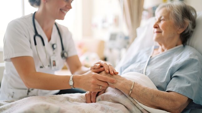 A caring nurse holds the hand of an elderly patient in a hospital bed during breast cancer awareness month to provide comfort
