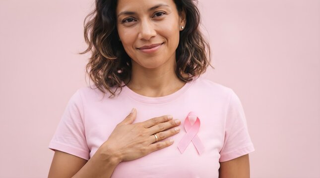 A smiling woman wearing a pink shirt with a ribbon symbol to support the annual breast cancer awareness month campaign for health