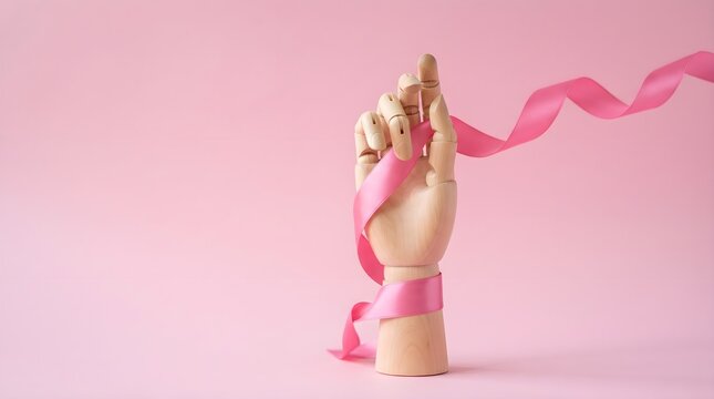 A wooden mannequin hand holding a flowing pink ribbon to support breast cancer awareness month on a soft pastel pink background studio