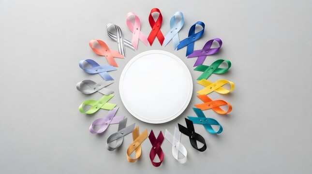 A circular arrangement of colorful awareness ribbons surrounding a white space for text during the annual breast cancer awareness month campaign event