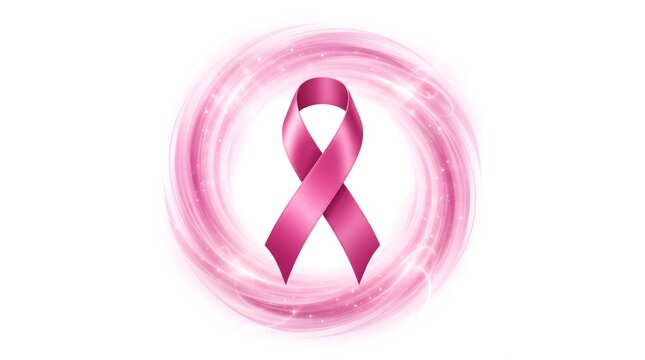 A beautiful pink ribbon symbol centered within a swirling light effect to represent support during the annual breast cancer awareness month campaign