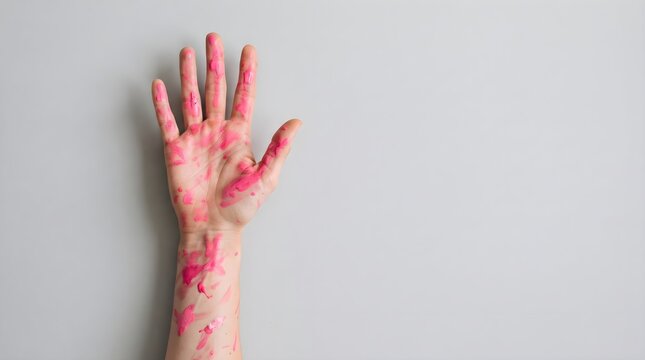A hand covered in pink paint representing support and solidarity for breast cancer awareness month during the annual october health campaign event