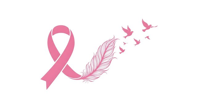 A beautiful pink ribbon design with a feather and flying birds used to support and celebrate breast cancer awareness month in october