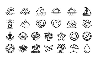 Modern Ocean Landscape Line Icon Collection with Lighthouse Waves Sailboat and Coastal Adventure Symbols © Shultana