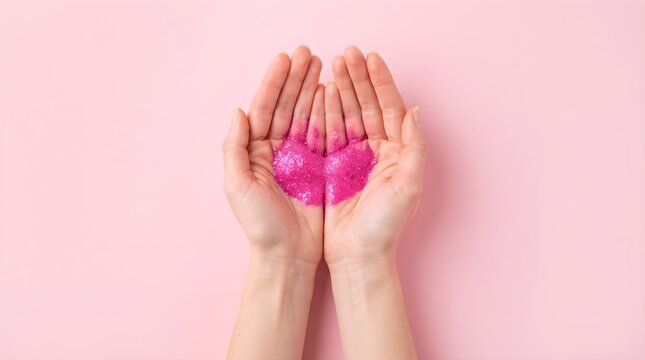 Two hands holding a pink ribbon shape made of petals to support the cause of breast cancer awareness month in october annually