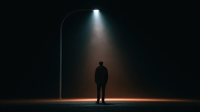 Atmospheric scene of person in hooded jacket standing under streetlamp in deep darkness, bright hazy cone of light, high contrast void background