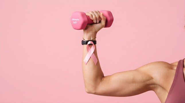 A strong woman lifting a pink dumbbell to show support for breast cancer awareness month with a pink ribbon on her wrist