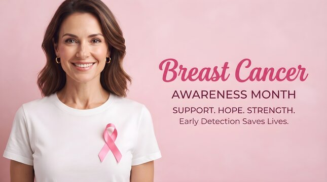 A smiling woman wearing a white shirt with a pink ribbon to show her support during the annual breast cancer awareness month