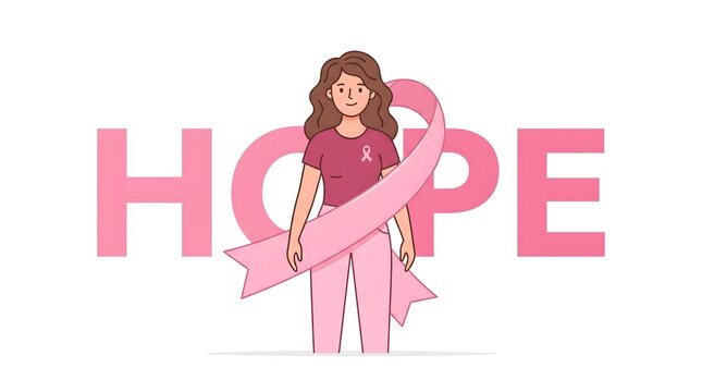 A young woman standing in front of the word hope with a pink ribbon for breast cancer awareness month support and solidarity