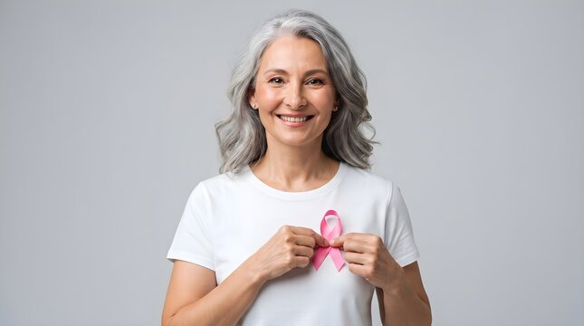 A smiling mature woman with grey hair wearing a white t shirt and a pink ribbon for breast cancer awareness month celebration