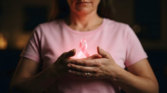 A woman wearing a pink shirt holds a glowing pink ribbon to support the global breast cancer awareness month health campaign