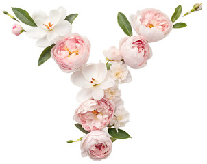 Naklejka premium High-resolution floral alphabet letter Y made of pale pink peonies and white magnolias, isolated on white background, soft romantic lighting, premium botanical composition.