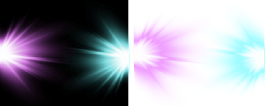 Abstract purple and blue light burst effects with glowing rays and beams