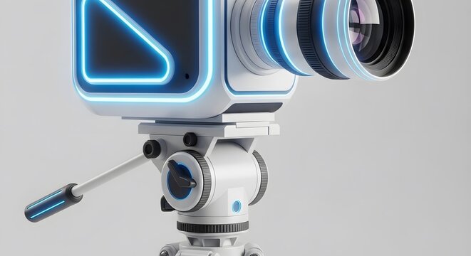 Sleek futuristic cinema camera with neon blue accents mounted on a professional tripod for high-tech filmmaking.