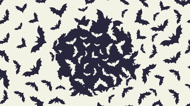 A 4K seamless looping animation of flying dark navy bat silhouettes forming a central circular swarm frame on a cream background. Great spooky Halloween backdrop.