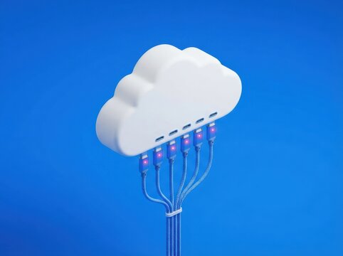 A 3D rendered white cloud icon connected to multiple blue charging cables