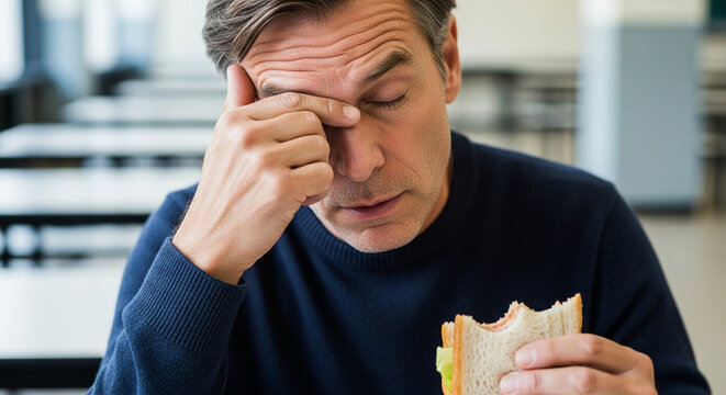 Tired businessman rubbing his forehead because of a headache while eating a sandwich in the office canteen after a long exhausting meeting today.