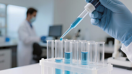 Fototapeta premium Hand in blue glove drops blue liquid into test tubes in laboratory