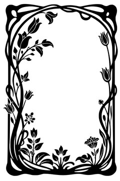 Black ornamental Art Nouveau border with flowing tulips and curved lines. Elegant vector artwork for framing text, invitations, or decorative design projects.