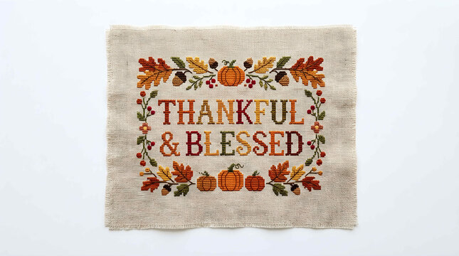 Handmade cross stitch embroidery piece with the words Thankful and Blessed, decorated with autumn leaves and pumpkins, isolated on white