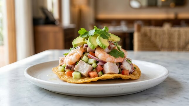 Authentic Mexican Tostada de Ceviche served on a white plate for restaurant menus.