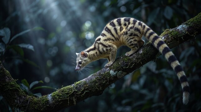 Banded linsang on a tree branch
