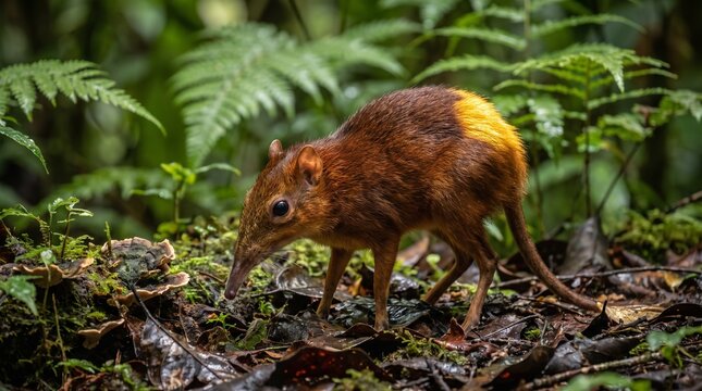 Golden-rumped elephant shrew in a forest