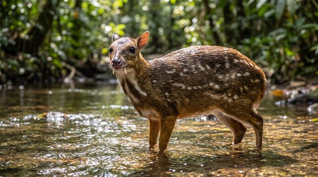 Water chevrotain in a shallow river