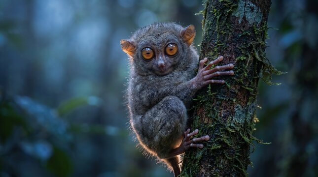Pygmy tarsier on a tree trunk